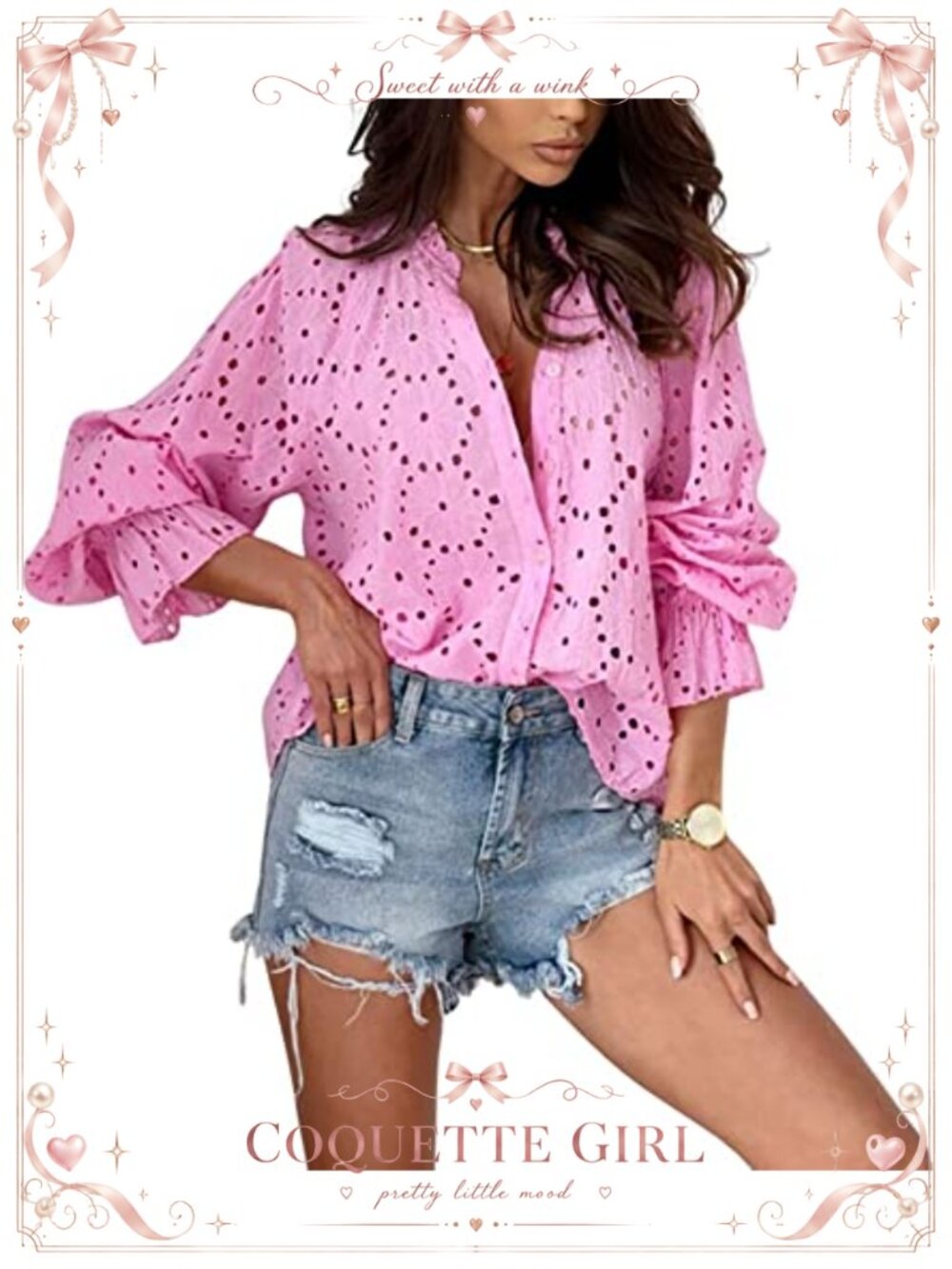 Boho Crochet Lace Eyelet Button Down Blouse Lantern Sleeve Top